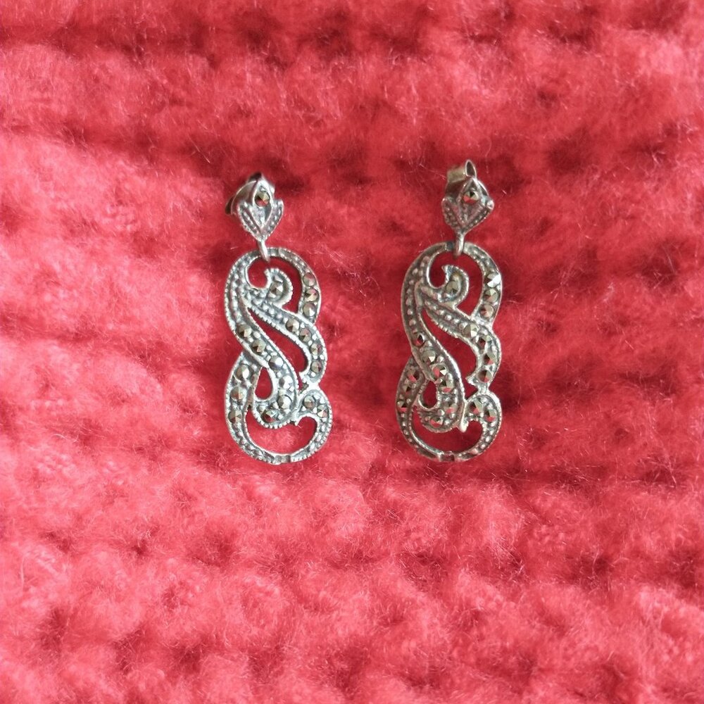 Vintage Victorian Style Marcasite and Sterling Silver Drop Pierced Earrings